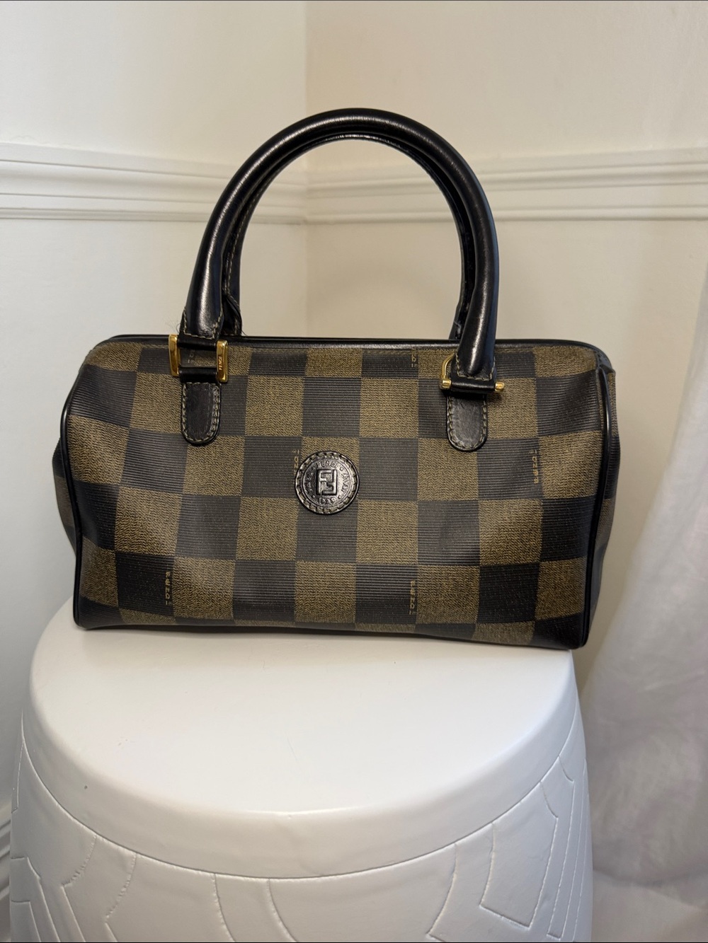 Fendi Brown and Black Checker Boston Bag